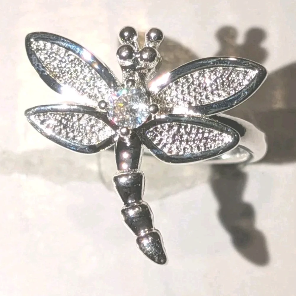 Vintage Women's Quality 925 Sterling Silver CZ Diamond  Dragonfly Ring  Size 5